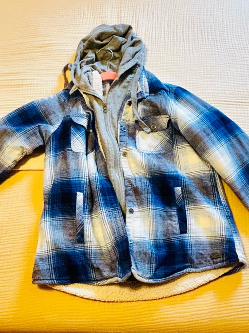 Natural Reflections Blue Plaid Hooded Shacket with Gray Lining